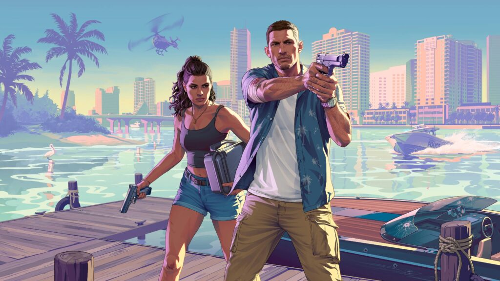 GTA6 XBOX Key Art - Jason and Lucia with stances on the beach