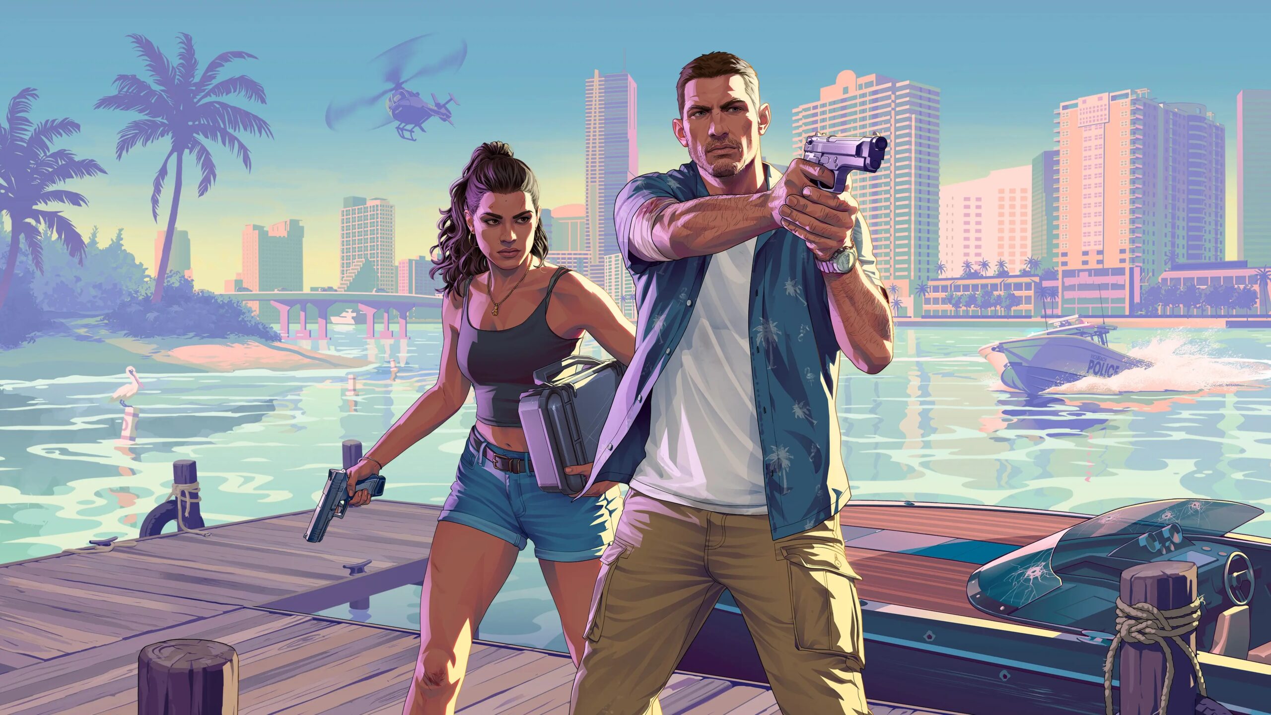 GTA6 XBOX Key Art - Jason and Lucia with stances on the beach